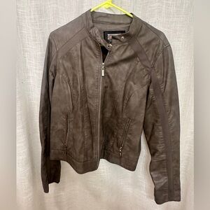 Jou Jou Brown Leather Jacket with Stand-Up Collar and Zipper Closure